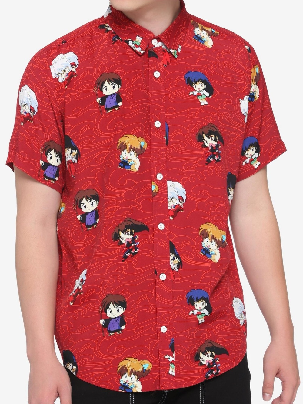 Hot Topic InuYasha Chibi Toss woven button-up shirt red Large character print